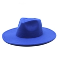 Classic royal blue wide brim wool felt jazz fedora hat with flat brim for women - M (56-58cm) / Blue