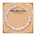 Pulsera bautizo perlas hecha a mano con colgante cruz de plata y cuentas de cristales - Perla Blanca Cruz (Sin Tarjeta)