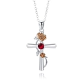 Silver cross necklace with rose gold flowers and a red gemstone birthstone - Cross October Camellia
