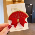 Red velvet fan-shaped bow hair clip with gold glitter edges on white display card - Style 19: Lucky Red Fan Clip