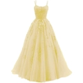Light yellow formal evening gown featuring lace applique bodice and layered tulle ball skirt - Bottoms / Yellow / US size 2