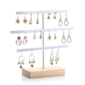 Three-tier white metal earring organizer with a solid natural wood base stand - White 52 Holes (Pine Base)