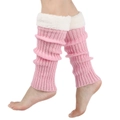 Close-up of pink knitted leg warmers featuring soft white faux fur trim on top edges - One Size / Pink