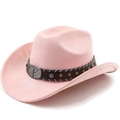 Pink suede western cowboy hat with bull head buckle and silver star studs on band - M (56-58cm) / Pink