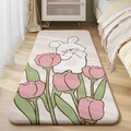 Plush rectangular bedside rug with cartoon bunny and pink tulip pattern on wood floor - Sugar Rabbit