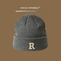 Dark grey chunky knit beanie with cream white letter R patch for winter warmth - R Label-Grey