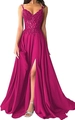 Elegant fuchsia lace embroidery evening gown with V-neck and high slit flowing skirt - L (US 12) / Rose Red