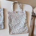Floral cotton tote bag with vintage copper buckle and delicate print detail view - White Base Light Grey Small Leaves(T-34)