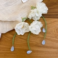 Macro detail of elegant white fabric flower earrings with green beaded tassels and blue drops. - Fresh Pastoral Long Tassel Style (77#)