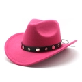 Macro shot of bright pink wool cowboy hat with black studded leather band detail - M (56-58cm) / Rose Red