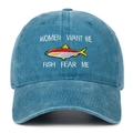 Close-up of fishing embroidery details on a washed denim baseball cap with funny slogan - Lake Blue