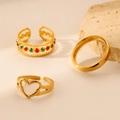 Elegant 3-piece hollow heart ring set in vacuum-plated gold finish with colorful enamel beads - J572-Heart Beads Gold Set