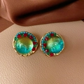 Vintage bohemian gold stud earrings with green center stone and colorful crystals - 17# Stud Earrings-Gold-Blue Rhinestone Round