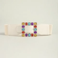 Detail of beige wide elastic belt with large square buckle featuring colorful gemstones - Beige with Multi-color Gems