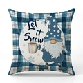Funda de cojín navideña de cuadros azules con gnomo y frase Let it Snow en lino - Gnomo de Cuadros Azules-Let it Snow