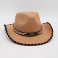 Classic light brown western felt cowboy hat with leather band and metal bull emblem - Camel Black Trim