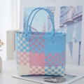 Handwoven picnic basket in macaron pink and blue check pattern with double handles - Plain Plaid / Pink Blue Beige Grid