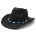 Vintage black faux suede cowboy hat with turquoise heart beads and wide brim detail - M(56-58cm) / Black Faux Suede