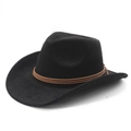 Détail du chapeau de cow-boy en daim noir avec tresse en cuir marron et bord incurvé - Noir