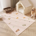 Pink waterproof leather pet mat with cute cartoon animals on wooden floor - Avocado & Trees