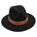 Detail of a black wool fedora with a brown leather band and silver metal studs - M (56-58cm) / Black