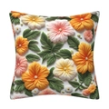 Square cushion cover with 3D embossed orange and pink floral embroidery texture effect - Orange Pink White Floral Relief / 18x18 Inch