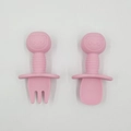 Pink silicone baby training fork and spoon set with cute panda character handles - Deep Pink