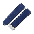 Blue suede leather watch strap with rubber base and silver folding clasp for Hublot - 19x26mm / Matte Sky Blue - Silver Buckle