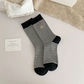 Striped cotton crew socks with brown bear embroidery and black contrast toe and heel - One Size / Black