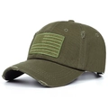 Detailed close-up of olive green vintage distressed baseball cap with flag patch embroidery - Dark Green
