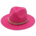 Detailed texture of rose pink straw hat with colorful beads and rhinestone decoration - One Size / Rose Red