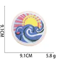 Detail view of round 9.1cm embroidered wave patch showing size and weight specs - No. 9 (Sunrise Wave Traditional)