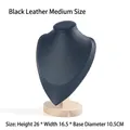 Medium black faux leather necklace stand with wooden base 26cm tall jewelry display - Black Leather Medium