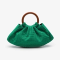 Detail view of green suede handbag with geometric texture and round wooden handle - Green (Plush)