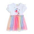 Girl's white cotton short sleeve dress featuring rainbow mesh tulle skirt and cute fairy print - 2T / White Rainbow