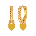 Macro shot of S925 silver gold hoop earrings with sparkling diamonds and heart charms - Zirconia Heart Hoop / Yellow Gold/Gold