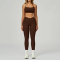 Ensemble de yoga marron foncé avec soutien-gorge dos nu et legging taille haute en V - Café (Soutien-gorge + Leggings)