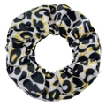 Macro detail of velvet hair scrunchie with classic leopard print and soft texture - Black Leopard
