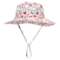 Dettaglio di cappello da sole floreale con cordino bianco regolabile su sfondo bianco - Rosa