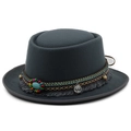 Close-up of charcoal felt hat featuring ethnic tassels, beads and vintage coin pendant - M (56-58cm) / Dark Gray