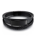 Bracciale da uomo in pelle nera a tre strati con placca in metallo lucido e chiusura magnetica - Nero (KB105142-K)