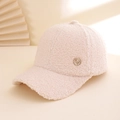 Beige lamb wool baseball cap with golden M logo badge on a textured warm fabric - Beige with M Logo
