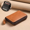 Brown leather accordion card holder with multi-slot design and secure zipper closure - Brown (18 Slots + 2 Coin Compartments)
