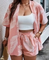Three-piece summer set with pink palm print cardigan, matching shorts and white tube top - Pink