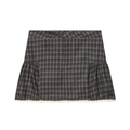 Green plaid mini skirt featuring white lace trim in a flat lay minimalist presentation - XS / Plaid