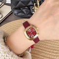 Vintage gold square watch with dark red sunray dial and matching leather strap - Gold/Deep Red (Oval Mishali Style)