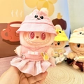 Plush doll accessory outfit with pink bunny ear hat and plaid skirt for Labubu figure - Pink Bunny Hat + Sweet School Beauty Dress / First And Second Generation Keychains Are Compatible With La Cloth Dolls. Dolls Not Included.