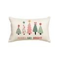 Linen Christmas pillow case with festive trees and Merry and Bright text on white background - Style X (Single-sided)