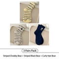 3-pack of cute dog and bear embroidered striped crew socks in yellow, grey, and navy blue - 3 Pairs - Striped Fat Bear + Striped Black Bear + Poodle