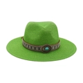 Chapeau de soleil en paille vert vif avec broderie ethnique et bouton turquoise - Chapeau de Paille Vert (Pierre Bleue Ovale)